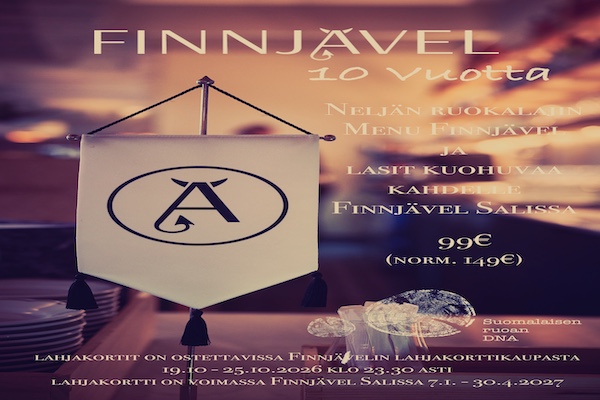 Tuotekuva tuotteelle 10v. syntymäpäivälahjakortti - 4 rkl Menu kahdelle Finnjävel Salissa & lasilliset kuohuvaa